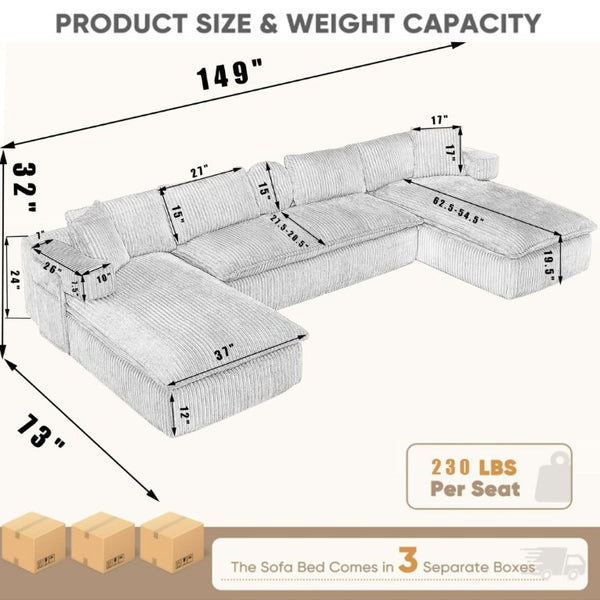 English Elm New Corduroy Modular U Shaped Sectional Sofa with Deep Seats and Movable Armrests Dark Gray W2108S00179