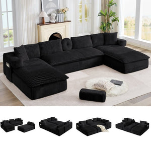 English Elm New Corduroy Modular U Shaped Sectional Sofa with Deep Seats and Movable Armrests Black W2108S00180