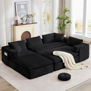 English Elm New Corduroy Modular U Shaped Sectional Sofa with Deep Seats and Movable Armrests Black W2108S00180