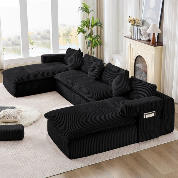 English Elm New Corduroy Modular U Shaped Sectional Sofa with Deep Seats and Movable Armrests Black W2108S00180