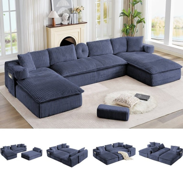 English Elm New Corduroy Modular U Shaped Sectional Sofa with Deep Seats and Movable Armrests Blue W2108S00182
