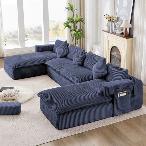 English Elm New Corduroy Modular U Shaped Sectional Sofa with Deep Seats and Movable Armrests Blue W2108S00182