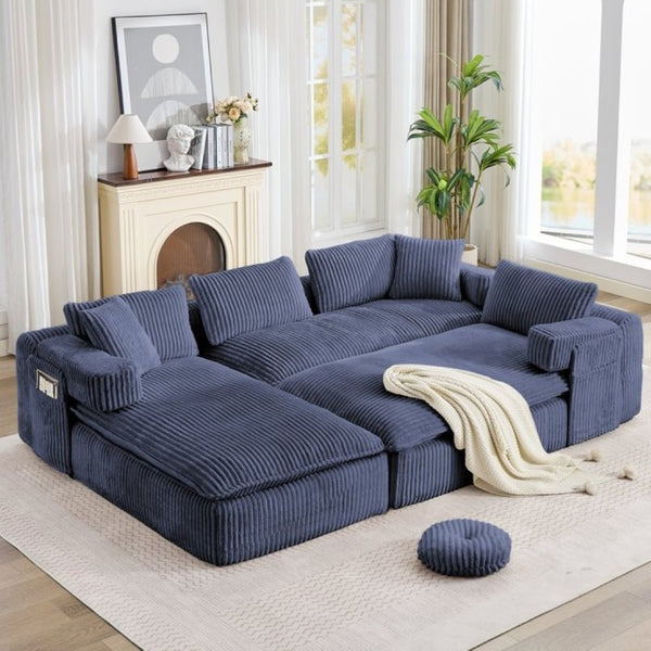 English Elm New Corduroy Modular U Shaped Sectional Sofa with Deep Seats and Movable Armrests Blue W2108S00182