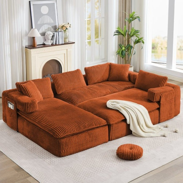 English Elm New Corduroy Modular U Shaped Sectional Sofa with Deep Seats and Movable Armrests Orange W2108S00183