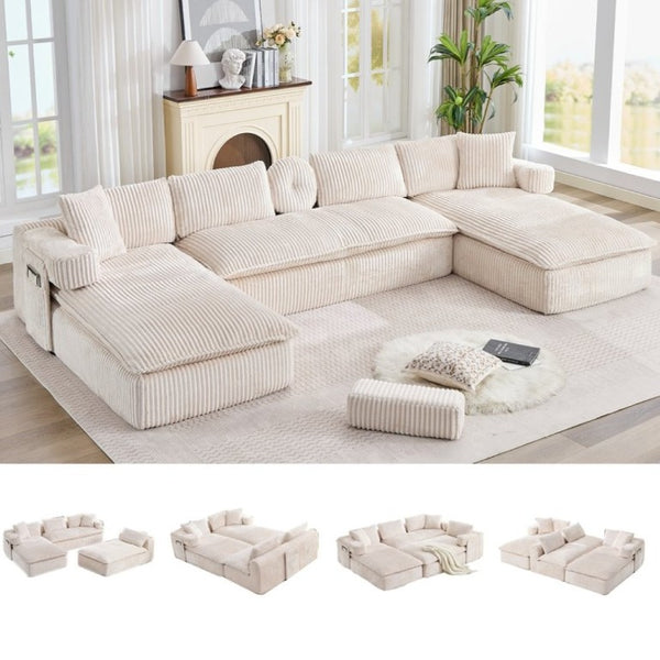 English Elm New Corduroy Modular U Shaped Sectional Sofa with Deep Seats and Movable Armrests Beige W2108S00184