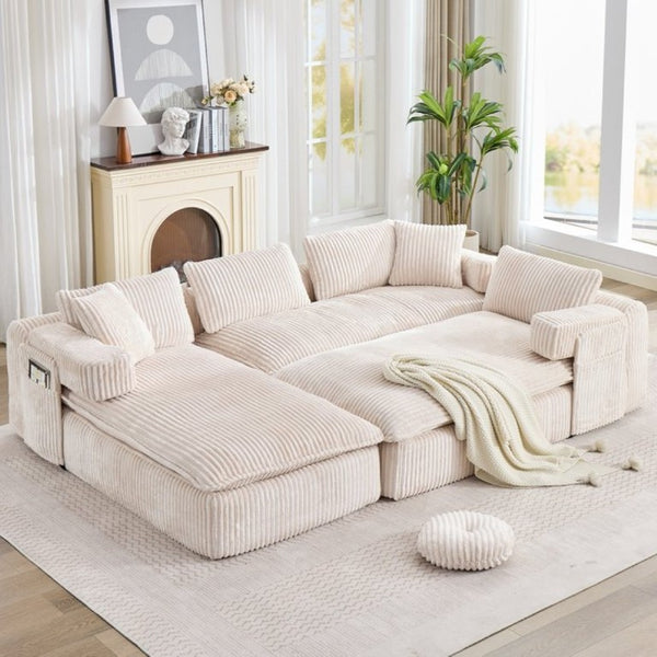 English Elm New Corduroy Modular U Shaped Sectional Sofa with Deep Seats and Movable Armrests Beige W2108S00184