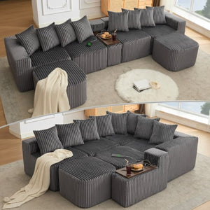 English Elm New Modular U Shaped Sectional Corduroy Sofa Six Seat with Built in Charging Console W2108S00190