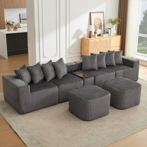 English Elm New Modular U Shaped Sectional Corduroy Sofa Six Seat with Built in Charging Console W2108S00190