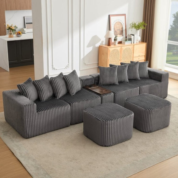 English Elm New Modular U Shaped Sectional Corduroy Sofa Six Seat with Built in Charging Console W2108S00190