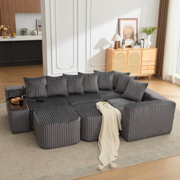 English Elm New Modular U Shaped Sectional Corduroy Sofa Six Seat with Built in Charging Console W2108S00190