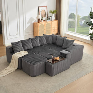 English Elm New Modular U Shaped Sectional Corduroy Sofa Six Seat with Built in Charging Console W2108S00190