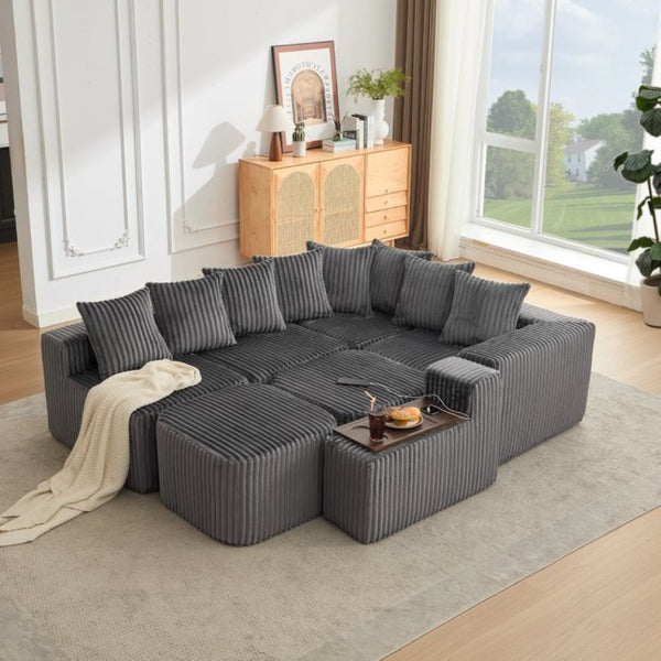 English Elm New Modular U Shaped Sectional Corduroy Sofa Six Seat with Built in Charging Console W2108S00190