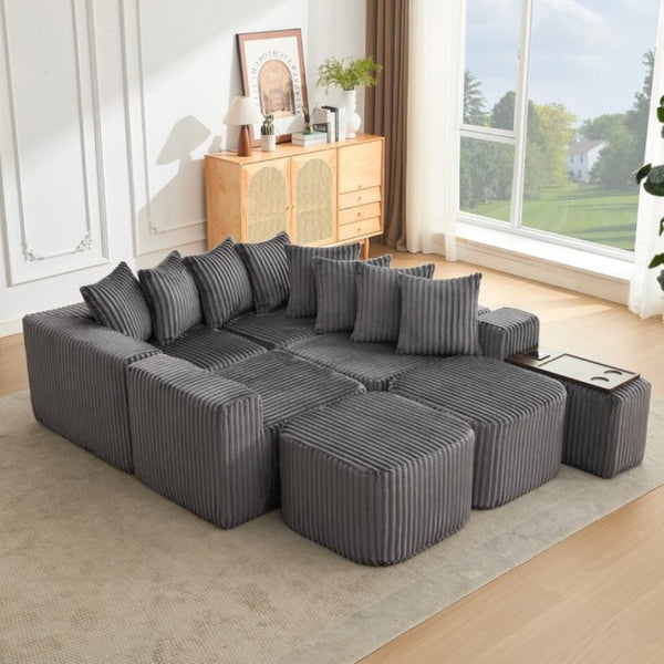 English Elm New Modular U Shaped Sectional Corduroy Sofa Six Seat with Built in Charging Console W2108S00190