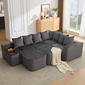 English Elm New Modular U Shaped Sectional Corduroy Sofa Six Seat with Built in Charging Console W2108S00190