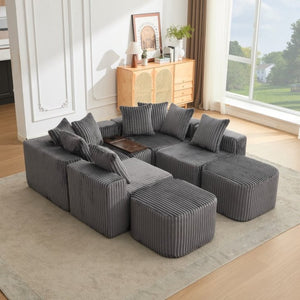 English Elm New Modular U Shaped Sectional Corduroy Sofa Six Seat with Built in Charging Console W2108S00190