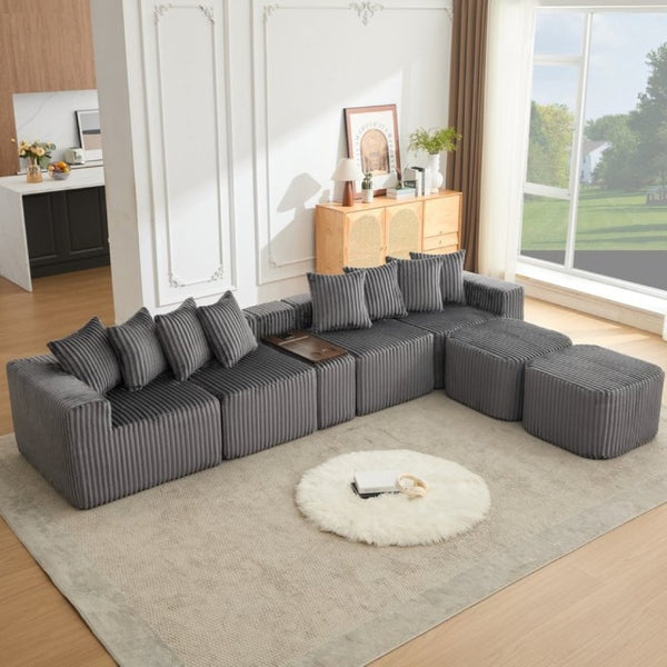 English Elm New Modular U Shaped Sectional Corduroy Sofa Six Seat with Built in Charging Console W2108S00190