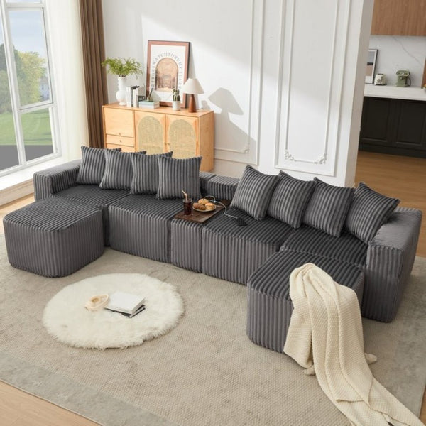 English Elm New Modular U Shaped Sectional Corduroy Sofa Six Seat with Built in Charging Console W2108S00190