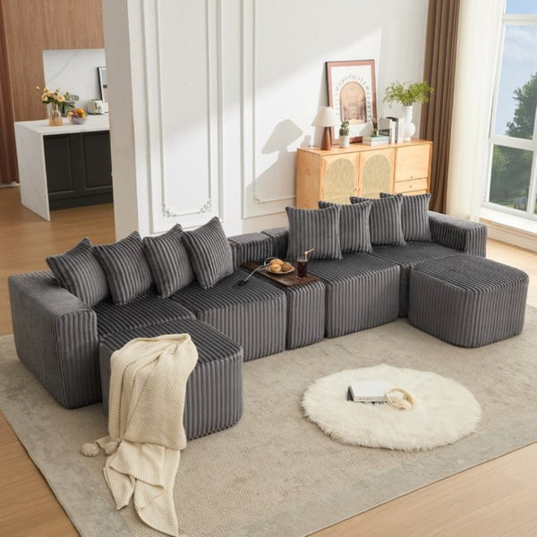 English Elm New Modular U Shaped Sectional Corduroy Sofa Six Seat with Built in Charging Console W2108S00190