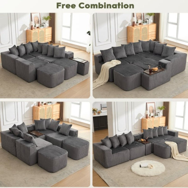 English Elm New Modular U Shaped Sectional Corduroy Sofa Six Seat with Built in Charging Console W2108S00190