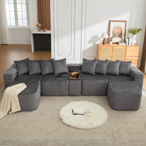 English Elm New Modular U Shaped Sectional Corduroy Sofa Six Seat with Built in Charging Console W2108S00190