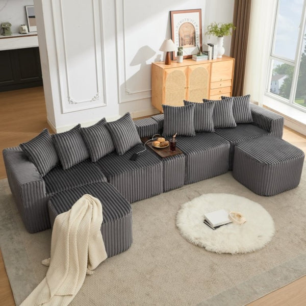 English Elm New Modular U Shaped Sectional Corduroy Sofa Six Seat with Built in Charging Console W2108S00190