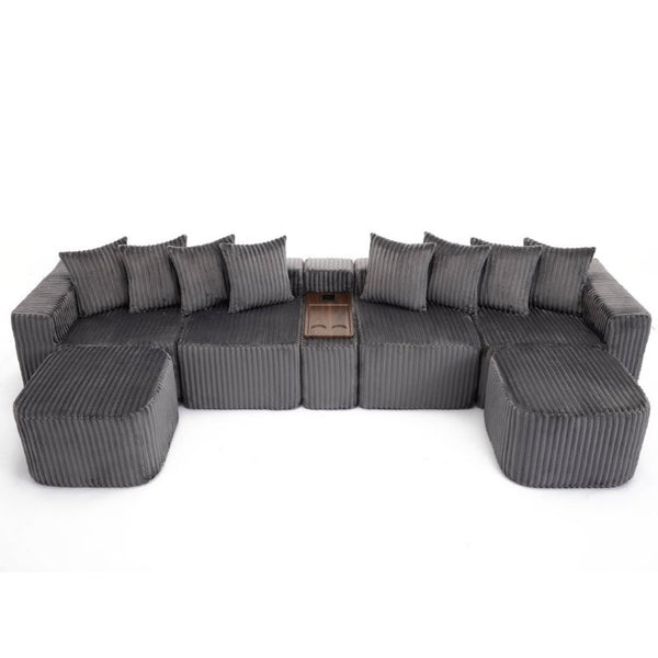 English Elm New Modular U Shaped Sectional Corduroy Sofa Six Seat with Built in Charging Console W2108S00190