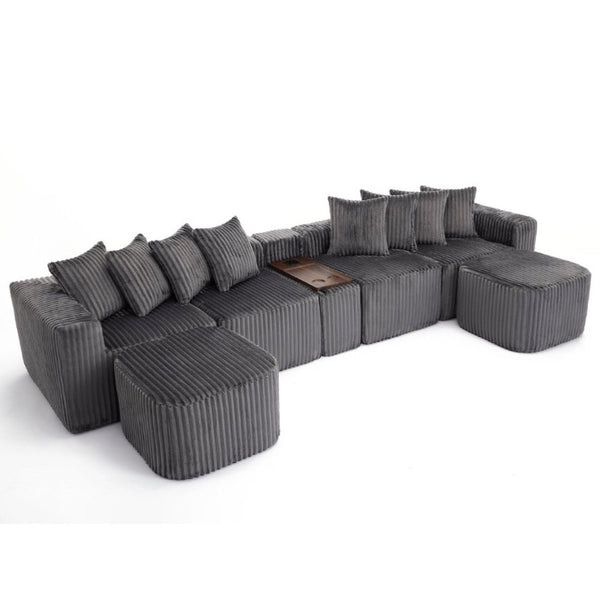 English Elm New Modular U Shaped Sectional Corduroy Sofa Six Seat with Built in Charging Console W2108S00190