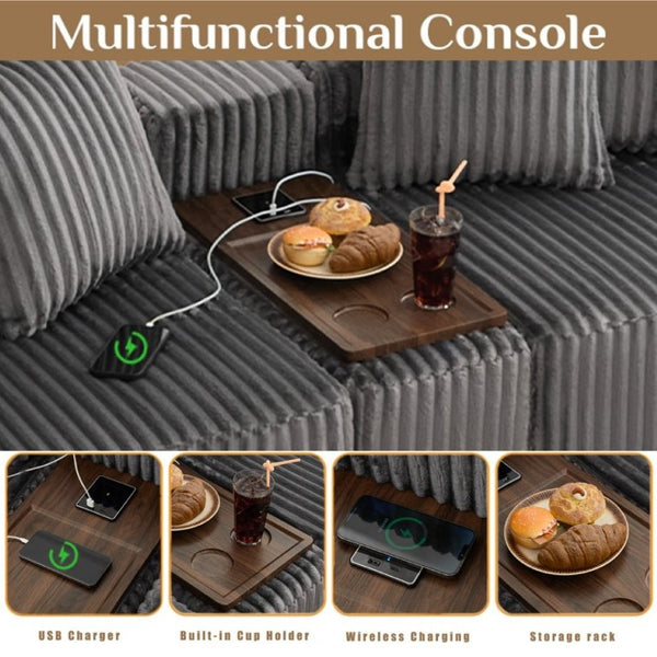 English Elm New Modular U Shaped Sectional Corduroy Sofa Six Seat with Built in Charging Console W2108S00190