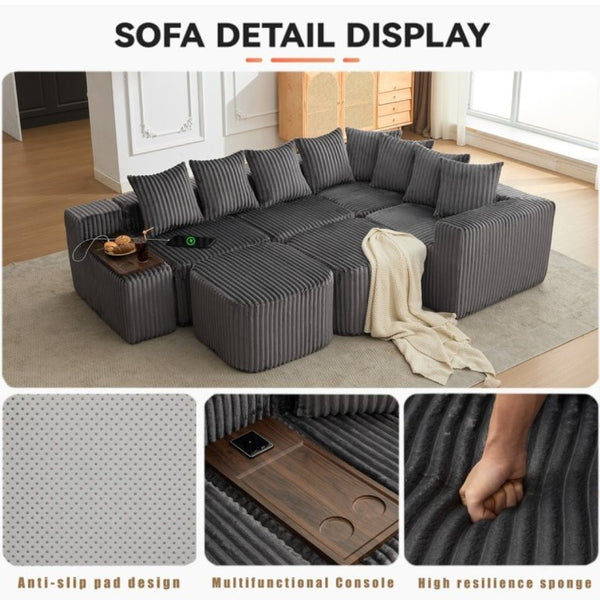 English Elm New Modular U Shaped Sectional Corduroy Sofa Six Seat with Built in Charging Console W2108S00190