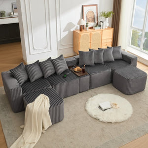 English Elm New Modular U Shaped Sectional Corduroy Sofa Six Seat with Built in Charging Console W2108S00190