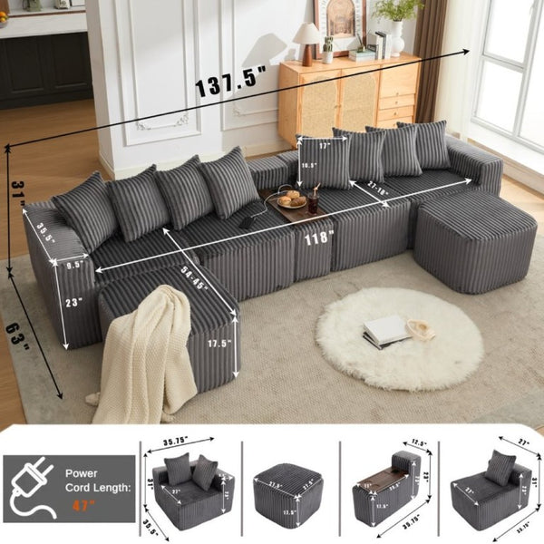 English Elm New Modular U Shaped Sectional Corduroy Sofa Six Seat with Built in Charging Console W2108S00190
