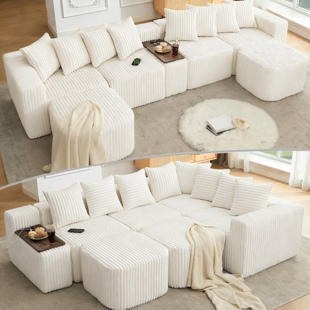 English Elm [new Arrived] U Shaped Corduroy Sectional Sofa with Wireless Charging Smart Console 6 Seat Beige W2108S00191