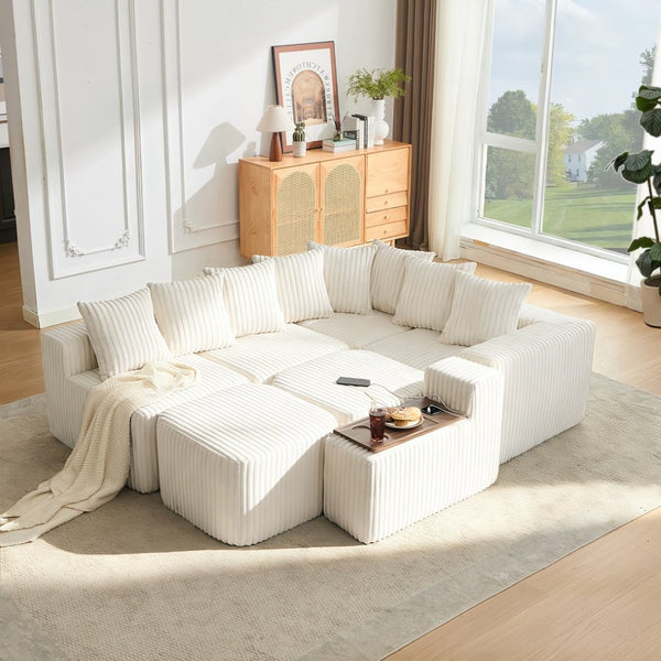 English Elm [new Arrived] U Shaped Corduroy Sectional Sofa with Wireless Charging Smart Console 6 Seat Beige W2108S00191
