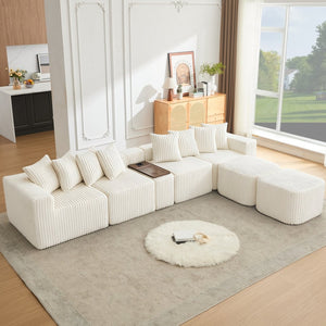 English Elm [new Arrived] U Shaped Corduroy Sectional Sofa with Wireless Charging Smart Console 6 Seat Beige W2108S00191