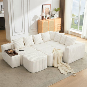 English Elm [new Arrived] U Shaped Corduroy Sectional Sofa with Wireless Charging Smart Console 6 Seat Beige W2108S00191