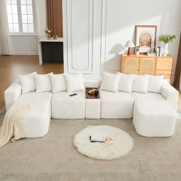 English Elm [new Arrived] U Shaped Corduroy Sectional Sofa with Wireless Charging Smart Console 6 Seat Beige W2108S00191