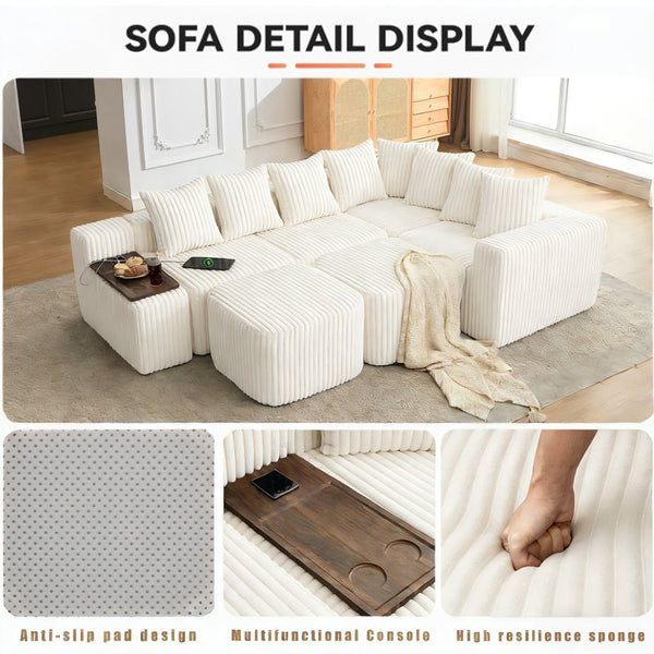 English Elm [new Arrived] U Shaped Corduroy Sectional Sofa with Wireless Charging Smart Console 6 Seat Beige W2108S00191