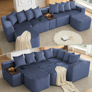 English Elm [new Arrived] U Shaped Corduroy Sectional Sofa with Wireless Charging Smart Console 6 Seat W2108S00192