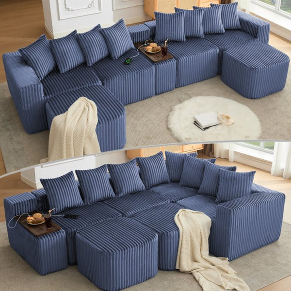 English Elm [new Arrived] U Shaped Corduroy Sectional Sofa with Wireless Charging Smart Console 6 Seat W2108S00192