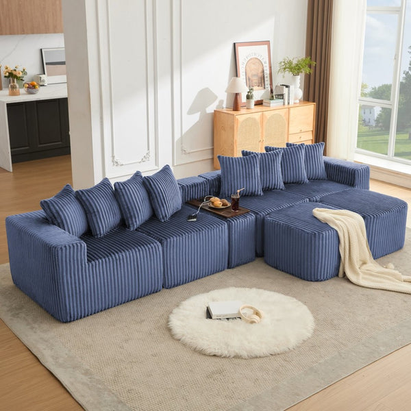 English Elm [new Arrived] U Shaped Corduroy Sectional Sofa with Wireless Charging Smart Console 6 Seat W2108S00192