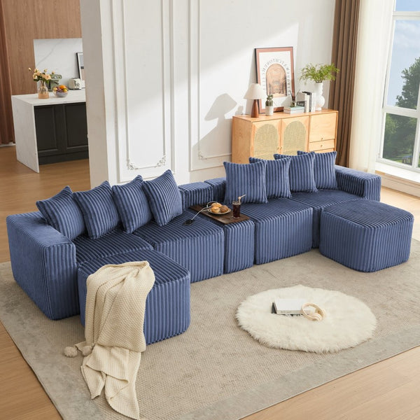 English Elm [new Arrived] U Shaped Corduroy Sectional Sofa with Wireless Charging Smart Console 6 Seat W2108S00192