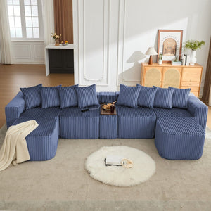 English Elm [new Arrived] U Shaped Corduroy Sectional Sofa with Wireless Charging Smart Console 6 Seat W2108S00192