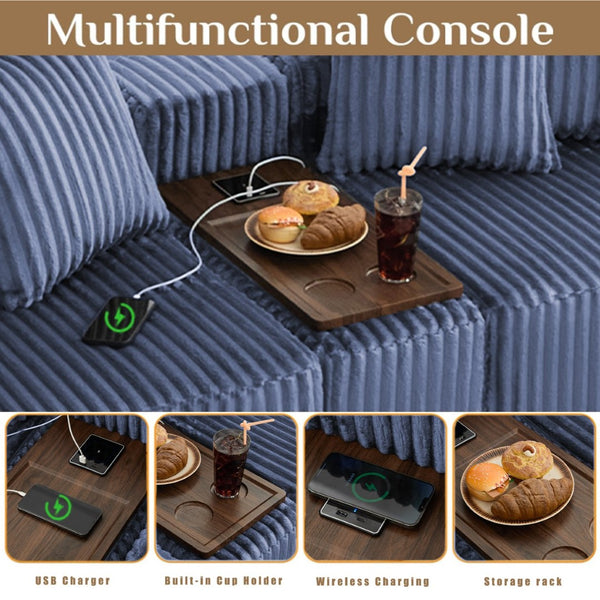 English Elm [new Arrived] U Shaped Corduroy Sectional Sofa with Wireless Charging Smart Console 6 Seat W2108S00192