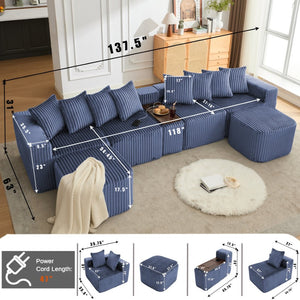 English Elm [new Arrived] U Shaped Corduroy Sectional Sofa with Wireless Charging Smart Console 6 Seat W2108S00192