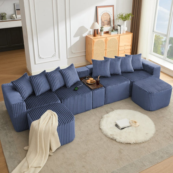 English Elm [new Arrived] U Shaped Corduroy Sectional Sofa with Wireless Charging Smart Console 6 Seat W2108S00192