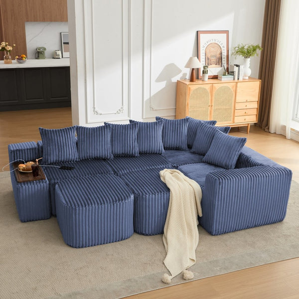 English Elm [new Arrived] U Shaped Corduroy Sectional Sofa with Wireless Charging Smart Console 6 Seat W2108S00192