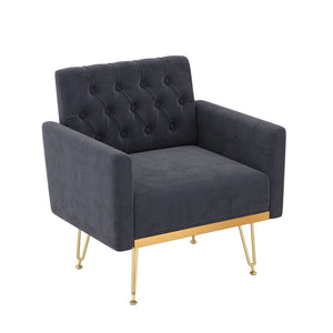 English Elm Velvet Tufted Accent Chair with Gold Legs Glamorous Mid-century Reading Seat for Bedroom Black W2113P477246