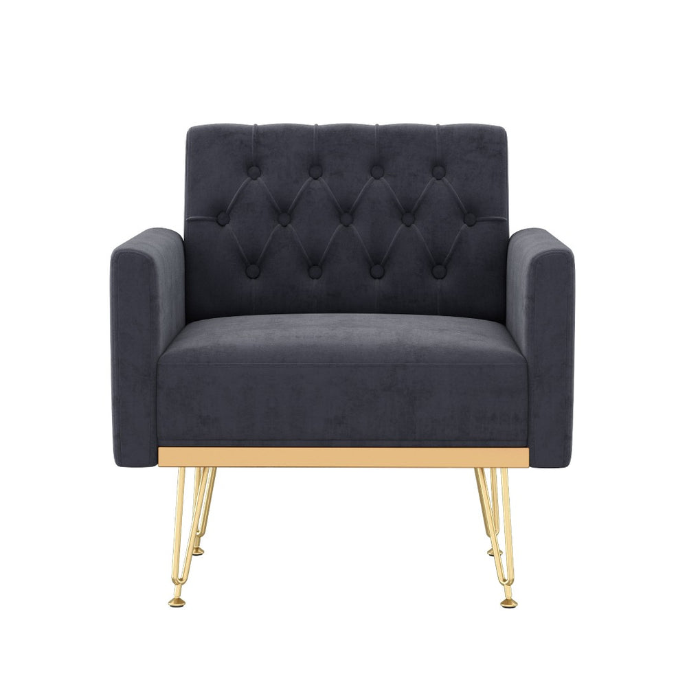 English Elm Velvet Tufted Accent Chair with Gold Legs Glamorous Mid-century Reading Seat for Bedroom Black W2113P477246