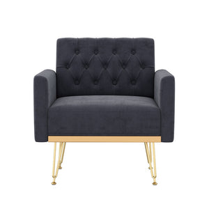 English Elm Velvet Tufted Accent Chair with Gold Legs Glamorous Mid-century Reading Seat for Bedroom Black W2113P477246