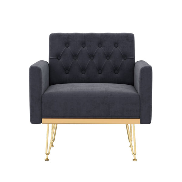 English Elm Velvet Tufted Accent Chair with Gold Legs Glamorous Mid-century Reading Seat for Bedroom Black W2113P477246